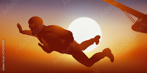 Concept de la sensation de liberté de la chute libre avec un homme qui saute d’un avion en parachute, devant un soleil couchant.