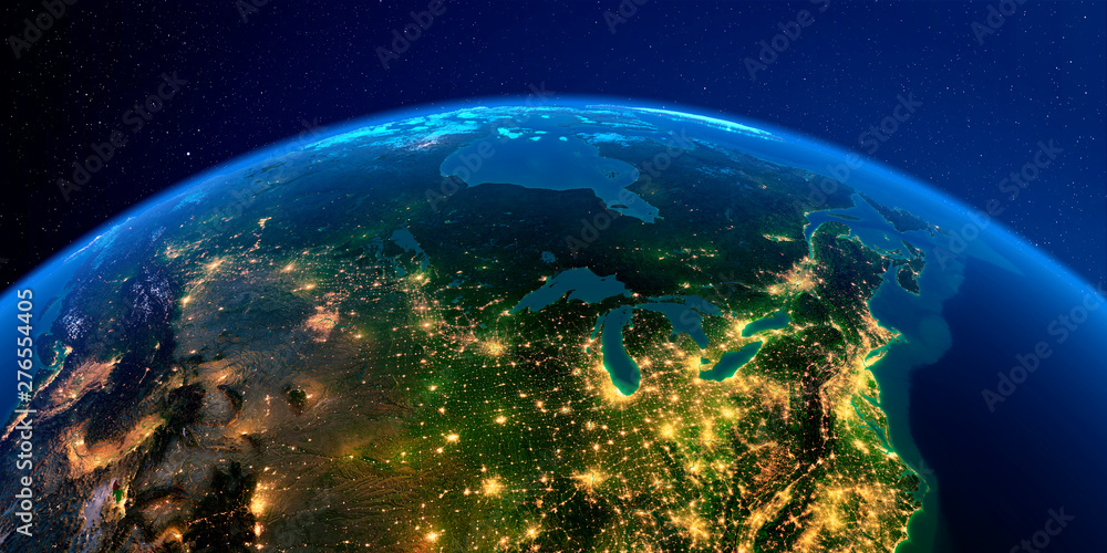 Detailed Earth at night. The northern U.S. states and Canada Detailed Earth at night. The northern U.S. states and Canada