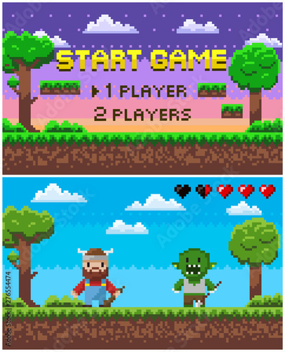 Start game and battle screen of pixel game, 1 player or 2 players, war of knight and geek, green tree and bush, ground steps, superhero and monster vector. Pixelated 8 bit app game