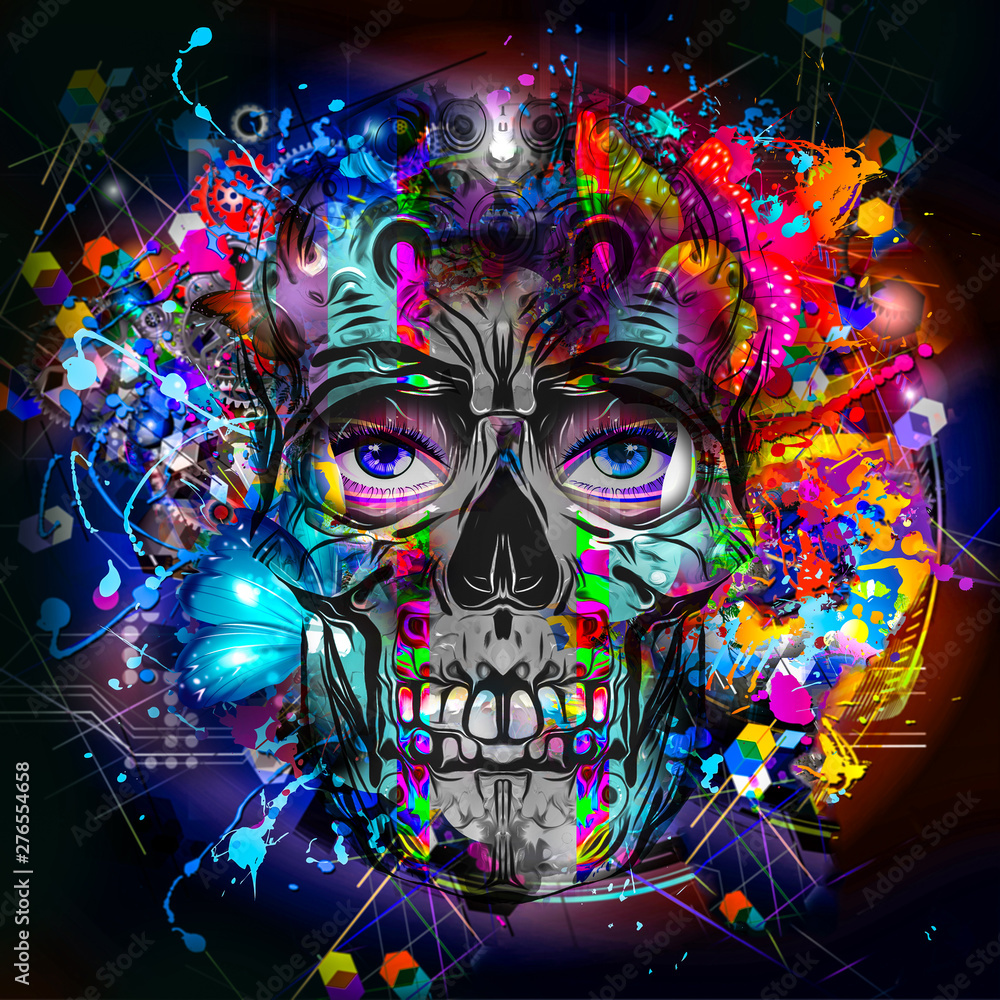 Human skull with colorful spots on white background Human skull with colorful spots on white background