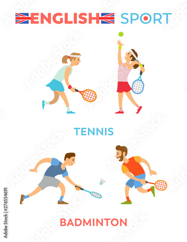 English sport vector  tennis and badminton players people wearing special uniform  flat style isolated playing youth. Girl with racket and balls set