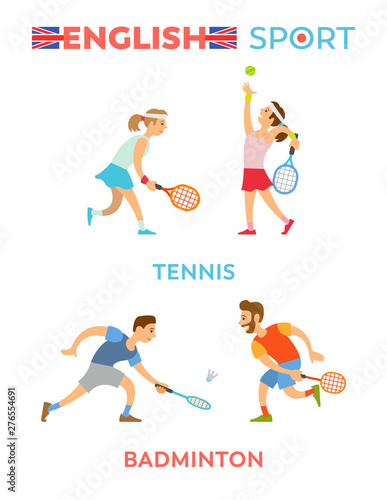 English sport vector, tennis and badminton players people wearing special uniform, flat style isolated playing youth. Girl with racket and balls set