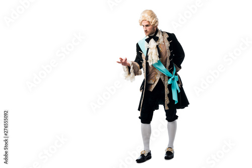 Photography pompous victorian gentleman in wig standing and gesturing isolated on white