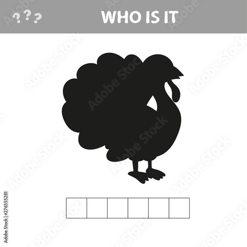 Who is it - shadow image. Educational games for kids. Crossword puzzle turkey, farm bird