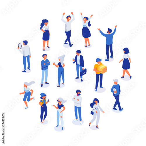 Different isomeric people vector set isolated on white. Walking people. People crowd.