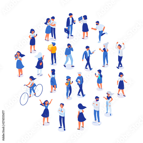 Different isomeric people vector set isolated on white. Walking people. People crowd.