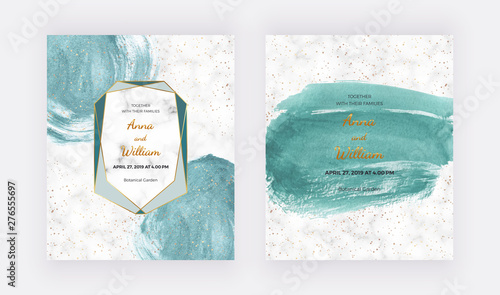 Wedding invitation with mint brush stroke watercolor texture with golden confetti. Modern hand painting template for banner, flyer, poster, save the date, greeting.