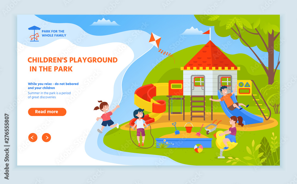 Childrens playground vector, kids playing together and spending weekends and free time. Boys and girls relaxing at park with trees fresh air. Website or webpage template, landing page flat style