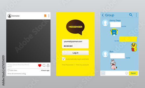 Online messenger and photo app, Korean kakao talk vector. Blank post, like and comment, chat or dialog and log in start page, modern communication photo