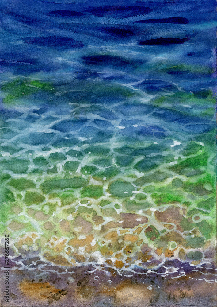 Sea water, watercolor drawing, waves