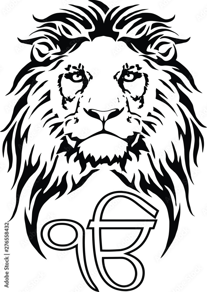 The Lion and the most significant symbol of Sikhism - Sign Ek Onkar, drawing for tattoo, on a transparent background, vector
