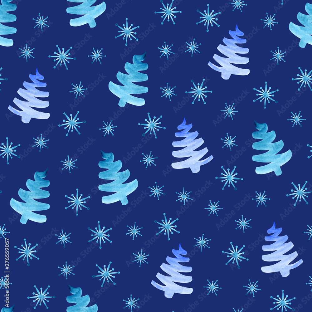 Christmas trees snowflakes seamless pattern. Christmas winter background.Watercolor illustration hand drawing.Design for fabric, textile, paper and greeting cards.