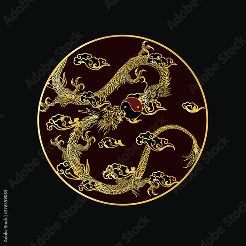 Vector two dragon vectors are occupying a crystal ball on a cloud background.in golden circle.