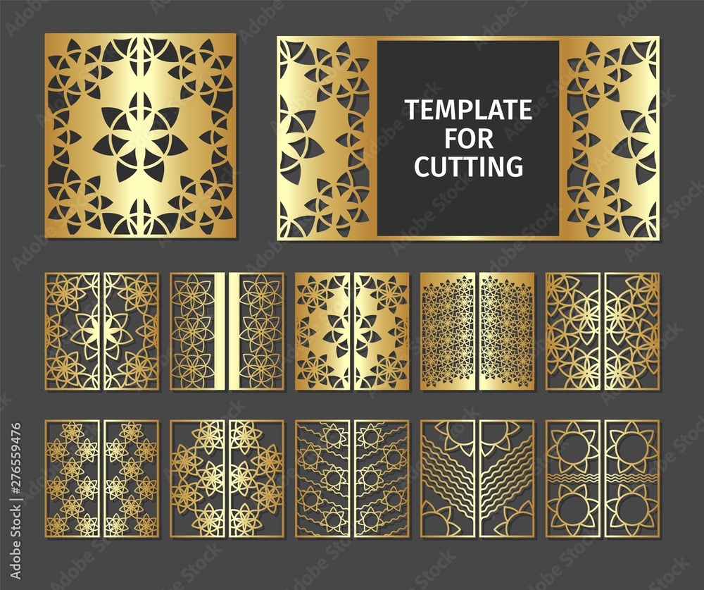 Set of laser cut template. Design wedding invitation, menu and greeting  card templates with gold marble texture on a black background. Collection  luxury stencil for plotter cutting or printing. Stock Vector