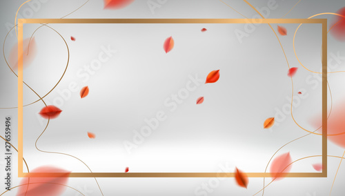 Fall vector design. Luxury abstract background with red leaves and golden frame elegant decoration.