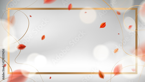 Fall vector design. Luxury abstract background with red leaves and golden frame elegant decoration.