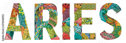Word ARIES. Vector zentangle object for decoration