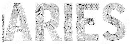 Word ARIES. Vector zentangle object for decoration for coloring