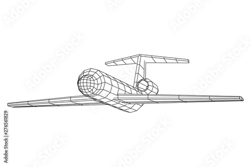 Private Jet Plane Abstract polygonal wireframe business luxury twin engine airplane. Travel aircraft, tourism and vacation concept. Wireframe low poly mesh vector illustration