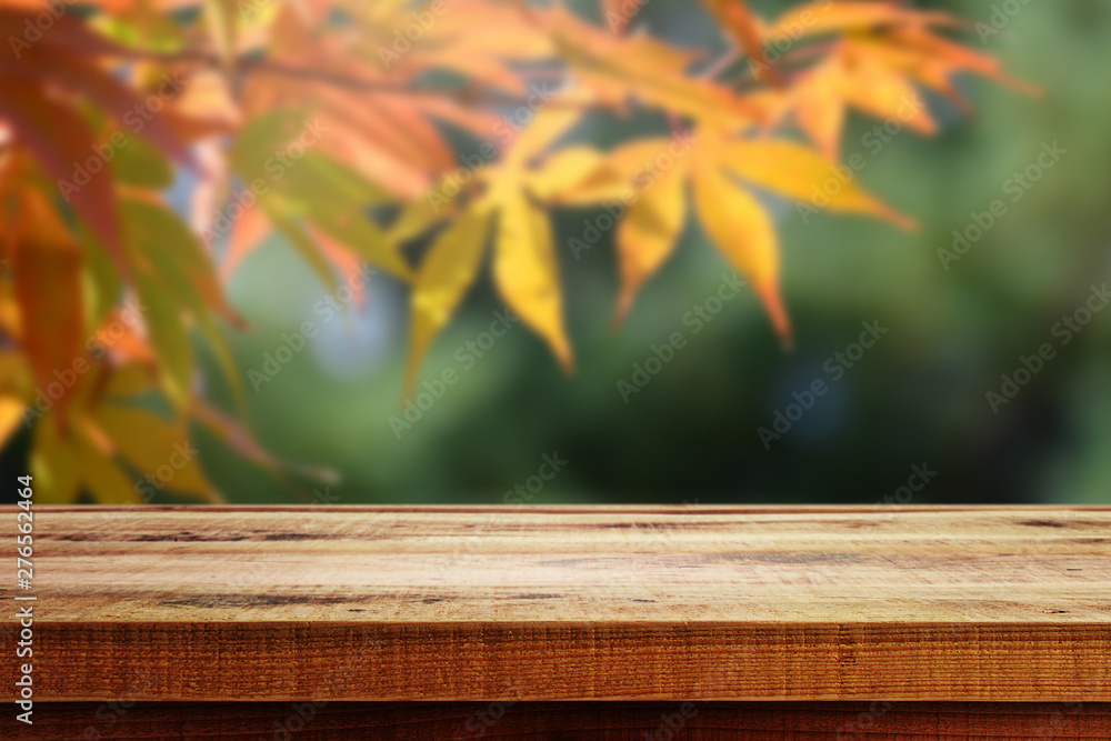 Beautiful blurred nature autumn forest background and empty wooden table. Beautiful blurred nature autumn forest background and empty wooden table.