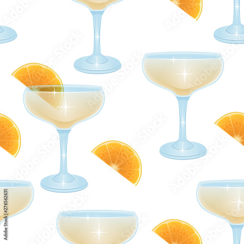 Seamless Endless Pattern on white background, pattern with Alcoholic cocktails and lemon slices, Can be used in food industry for wallpapers, posters, wrapping paper. Vector illustration