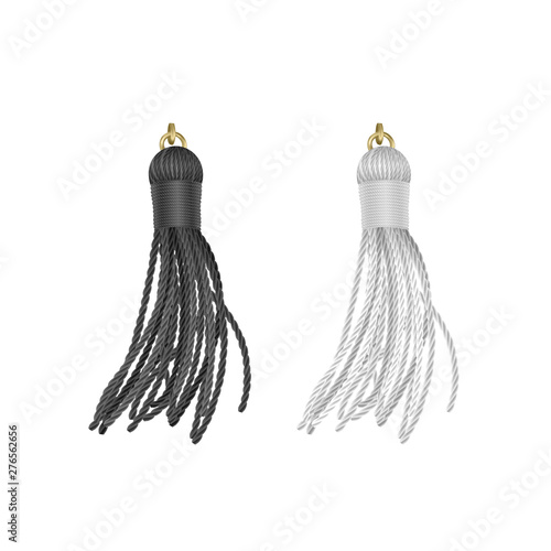 Tassels accessories. Tassel trinket, handbag embellishments and fashion key chain Isolated on white background, illustration symbols set