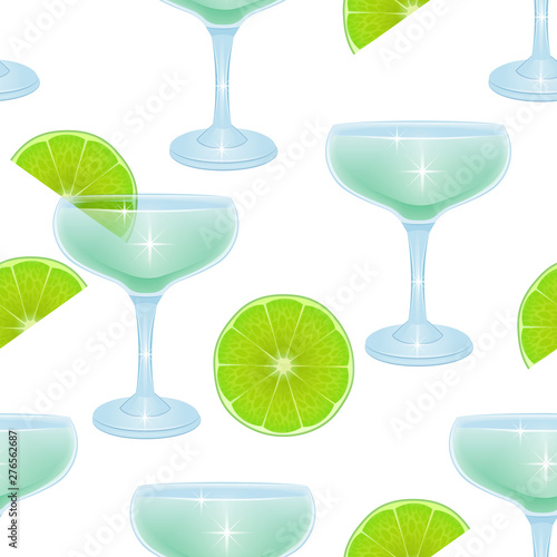 Seamless Endless Pattern on white background, pattern with Alcoholic cocktails and lemon slices, Can be used in food industry for wallpapers, posters, wrapping paper. Vector illustration
