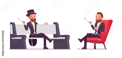 Gentleman in black tuxedo jacket sitting. High social rank man, fashionable dandy in classic suit, cylinder hat in club, park bench. Vector flat style cartoon illustration isolated on white background