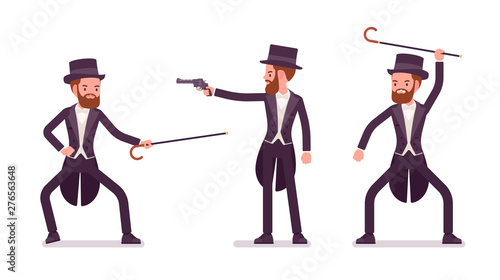 Gentleman in black tuxedo practice bartitsu self defense. High social rank man, fashionable dandy in classic suit and cylinder hat. Vector flat style cartoon illustration isolated on white background