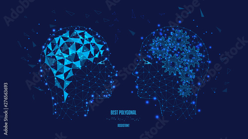 Gear wheels and brain, rational and creative thinking people. Concept of thinking human, visualization of process of thinking, the birth of thoughts. Polygonal illustration of triangles and points. 