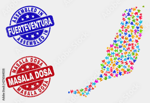 Assemble Fuerteventura Island map and blue Assembled seal stamp, and Masala Dosa distress seal stamp. Colored vector Fuerteventura Island map mosaic of bundle elements. Red rounded Masala Dosa stamp.