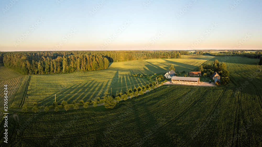 Aerial view over rural landscape in a warm summer sunset tones. Agriculture land mixing with forest and meadows. Green crop fields along the curved river. Trees creating long shadows. 