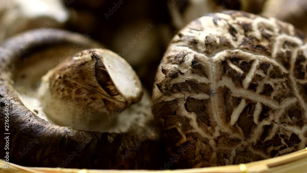 Close-up of Mushrooms in a basket rotated on table in 4k resolution Close-up of Mushrooms in a basket rotated on table in 4k resolution