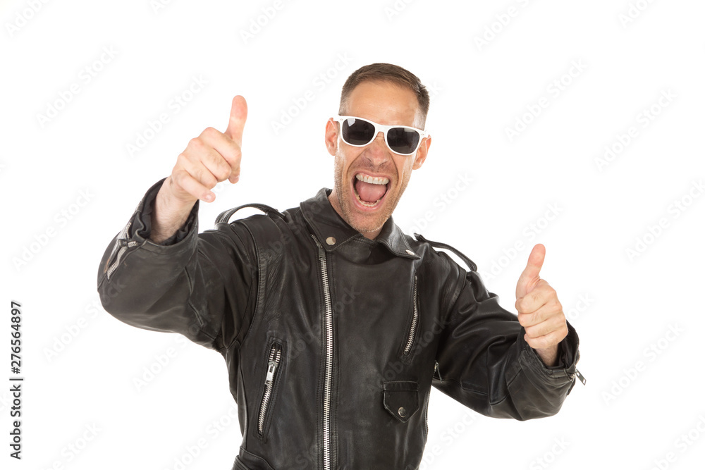 Happy cool guy with leather jacket an sunglasses Happy cool guy with leather jacket an sunglasses