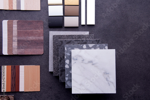 Construction Design. Interior Material Design concept. Wood texture floor Samples of laminate and vinyl floor tile. 5