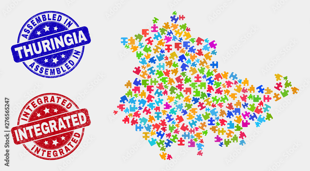 Element Thuringia Land map and blue Assembled seal, and Integrated scratched seal stamp. Colorful vector Thuringia Land map mosaic of puzzle connectors. Red rounded Integrated stamp. Element Thuringia Land map and blue Assembled seal, and Integrated scratched seal stamp. Colorful vector Thuringia Land map mosaic of puzzle connectors. Red rounded Integrated stamp.