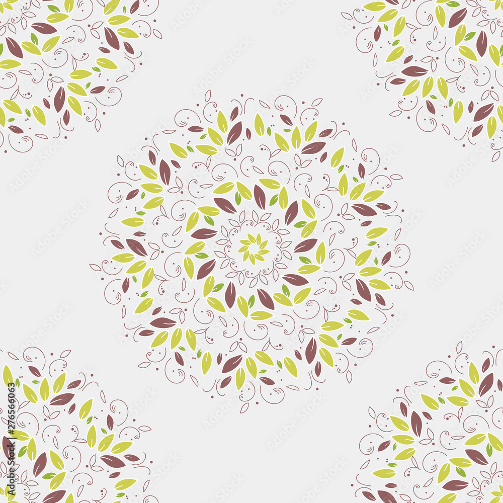 seamless pattern. Mandala circle. Round tree leaves ornament on white background. Green vector illustration.Simple floral mandala print. Abstract flower medallion.