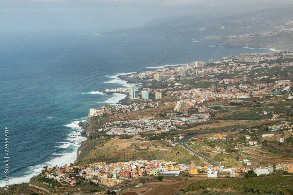 This panoramic photograph, taken at a Mirador de El Lance, shows the north coast of Tenerife and the Orotava Valley. Tenerife, Canary Islands