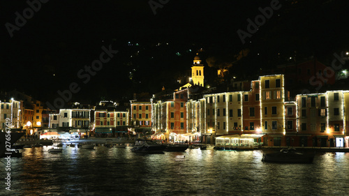 Portofino, Italy. Panorama of the harbor of the small beautiful village in night.