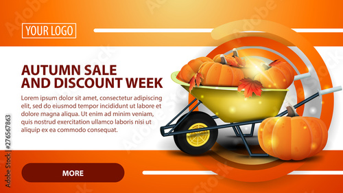 Autumn sale and discount week, banner with garden wheelbarrow with a harvest of pumpkins and autumn leaves