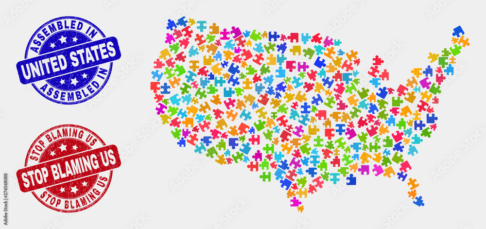 Module United States map and blue Assembled watermark, and Stop Blaming Us scratched seal stamp. Bright vector United States map mosaic of puzzle components. Red rounded Stop Blaming Us stamp. Module United States map and blue Assembled watermark, and Stop Blaming Us scratched seal stamp. Bright vector United States map mosaic of puzzle components. Red rounded Stop Blaming Us stamp.