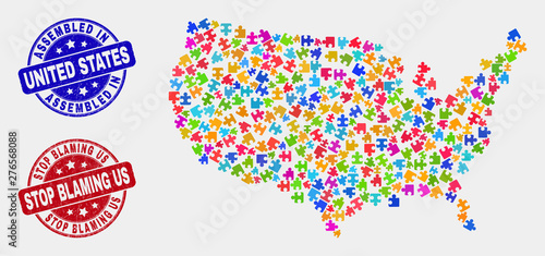 Module United States map and blue Assembled watermark, and Stop Blaming Us scratched seal stamp. Bright vector United States map mosaic of puzzle components. Red rounded Stop Blaming Us stamp.