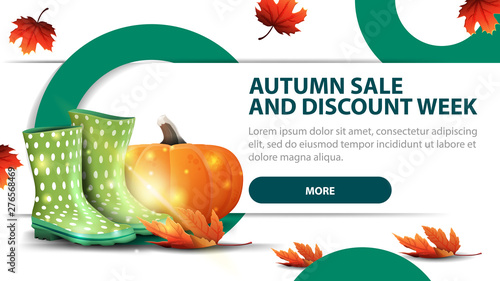 Autumn sale and discounts week, modern discount banner with fashionable design for your website with rubber boots and pumpkin