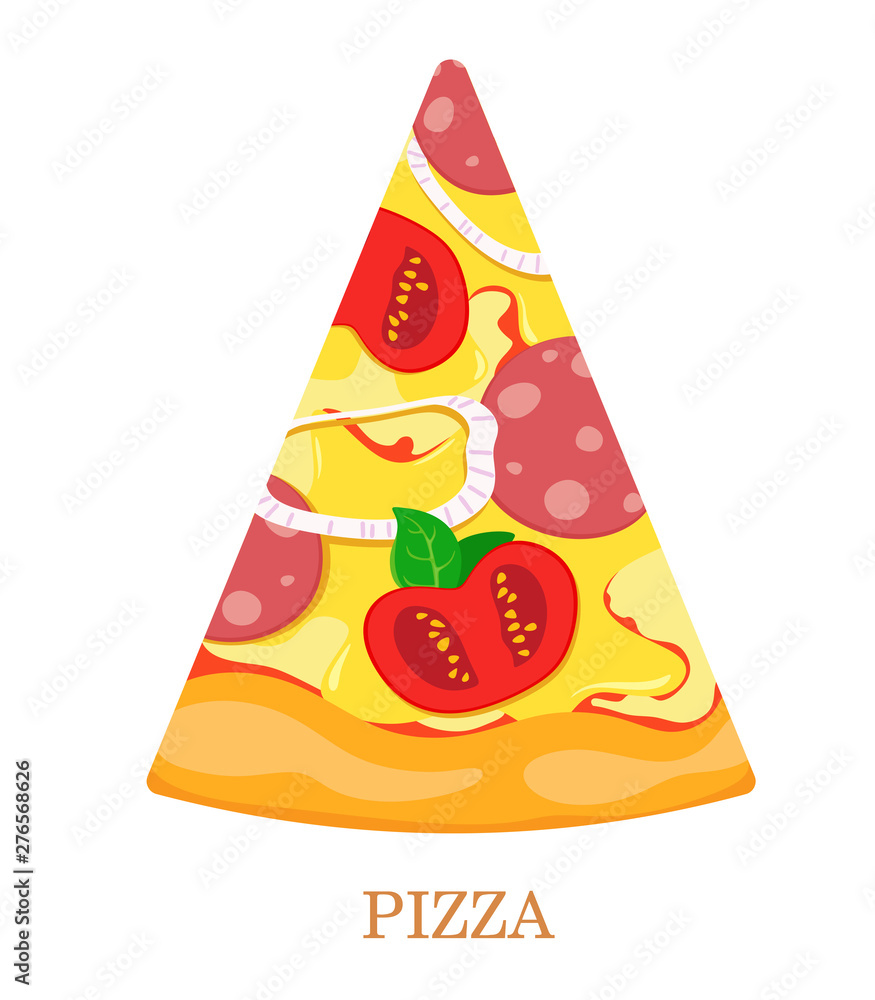 Fototapeta Slice of pizza with tomatoes, salami, onions, olives and basil. Vector illustration on white background.