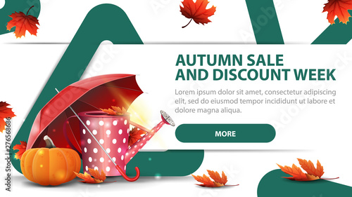 Autumn sale and discounts week, modern discount banner with fashionable design for your website with garden watering can, umbrella and ripe pumpkin
