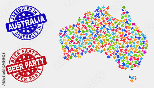 Module Australia map and blue Assembled seal stamp, and Beer Party textured seal. Colorful vector Australia map mosaic of bundle. Red round Beer Party stamp.