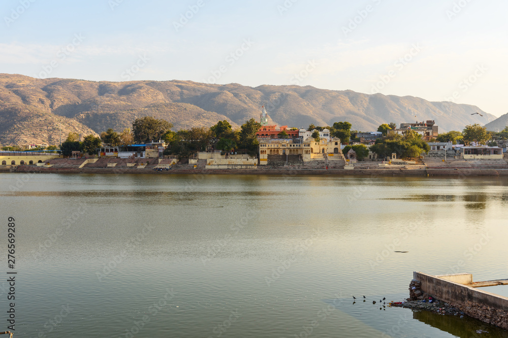Ghats and bridge at Pushkar lake in Rajasthan. India