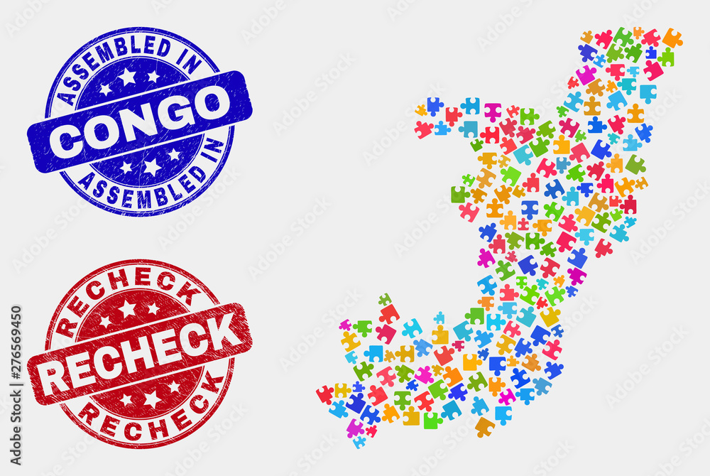 Bundle Republic of the Congo map and blue Assembled seal stamp, and Recheck textured seal stamp. Bright vector Republic of the Congo map mosaic of plugin units. Red rounded Recheck imprint. Bundle Republic of the Congo map and blue Assembled seal stamp, and Recheck textured seal stamp. Bright vector Republic of the Congo map mosaic of plugin units. Red rounded Recheck imprint.