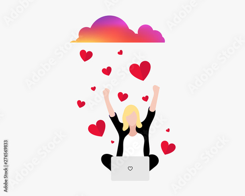 Vector illustration. The girl picked the huskies in the network. Rain of hearts. Promotion in social networks. EPS-10.