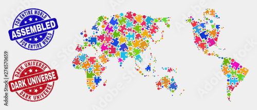 Assemble worldwide map and blue Assembled seal, and Dark Universe distress seal stamp. Bright vector worldwide map mosaic of puzzle modules. Red round Dark Universe stamp.